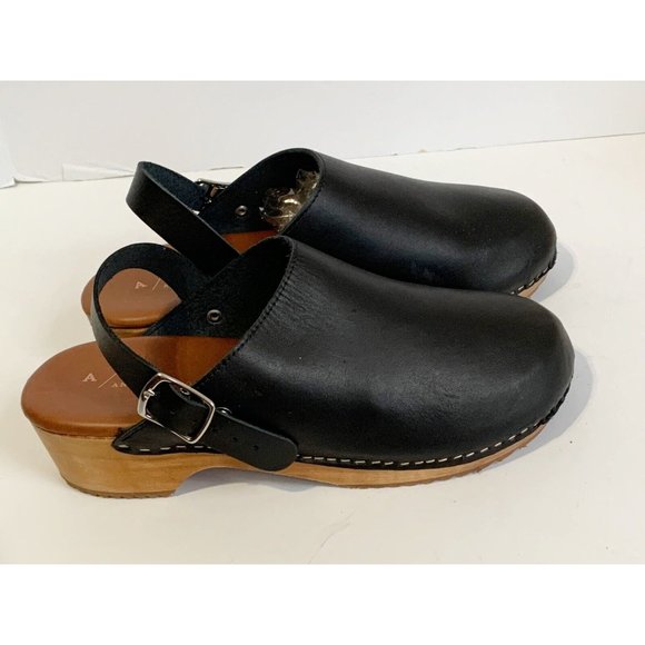 A/Anthropologie Black Leather Wood Heel CLASSIC Stapled Clogs Mules 40 US 8.5 - Picture 4 of 10